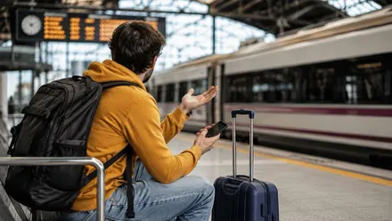 Viajero afectado por la huelga de trenes sentado en en andén.