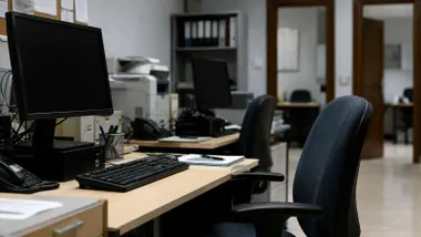 Oficina de trabajadores de informática vacía, la silla y el puesto.
