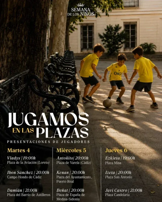 Cartel con niños de amarillo, del Cádiz CF, jugando en una plaza.