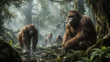 Diferentes simios gigantes en una selva.