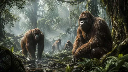 Diferentes simios gigantes en una selva.