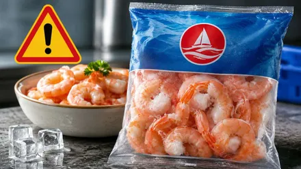 Bolsa y bol de langostinos pelados y señal de alerta.