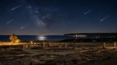 Playa y ruinas de Bolonia en la noche, en el cielo una lluvia de estrellas, las Lágrimas de San Lorenzo.