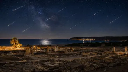 Playa y ruinas de Bolonia en la noche, en el cielo una lluvia de estrellas, las Lágrimas de San Lorenzo.