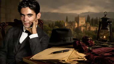 El poeta Federico García Lorca, de fondo su Granada natal.