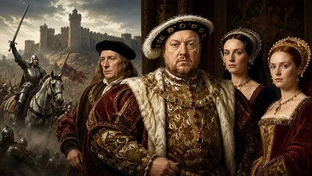 Enrique VIII y las mujeres de la dinastía de los Tudor con sus trajes de época.
