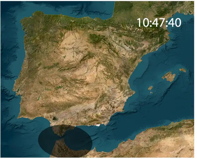 Mapa que muestra la sombra de la Luna cruzando el sur de España durante el eclipse total de 2027.