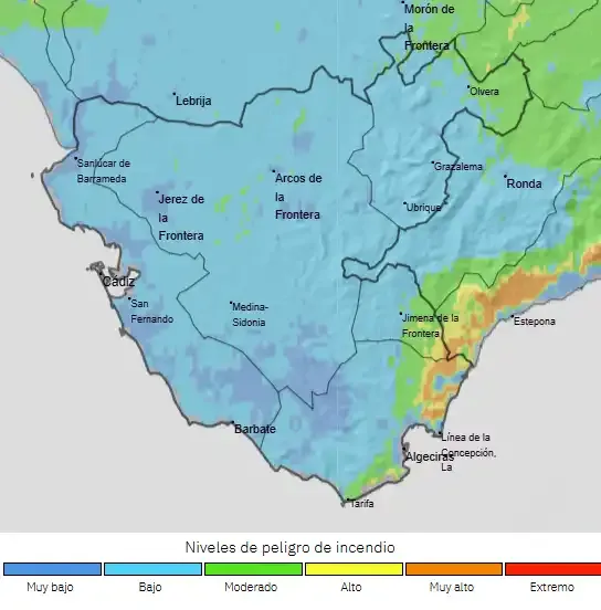 Mapa de riesgo de incendios forestales en la provincia de Cádiz este 20 de agosto 2026. Fuente: Aemet.