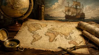 Mapa y cartas náuticas en una mesa con un globo y un barco.