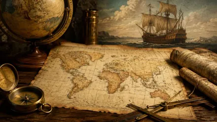 Mapa y cartas náuticas en una mesa con un globo y un barco.