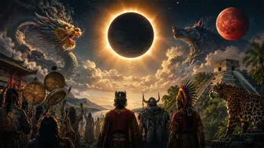Un eclipse solar y personajes históricos, de espaldas, mirando al mismo.