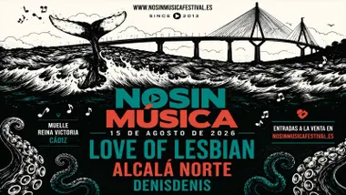 Cartel en blanco y negro con letras en verde y naranja del NOSINMÚSICA de Cádiz 2026.
