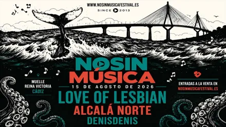 Cartel en blanco y negro con letras en verde y naranja del NOSINMÚSICA de Cádiz 2026.