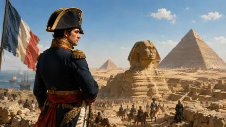 Napoleón mira a la Esfinge y la Gran Pirámide, junto a él una bandera de Francia.