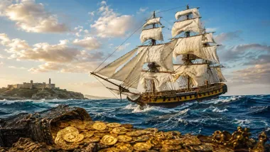 Monedas de oro en el fondo del mar y el barco Nuestra Señora de las Mercedes.