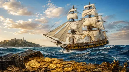 Monedas de oro en el fondo del mar y el barco Nuestra Señora de las Mercedes.