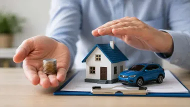 Mano extendida para recibir dinero, con la otra cubre, en signo de protección, una casa.