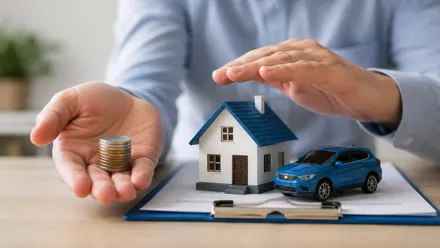 Mano extendida para recibir dinero, con la otra cubre, en signo de protección, una casa.