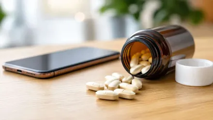 Bote de pastillas junto a un teléfono móvil.