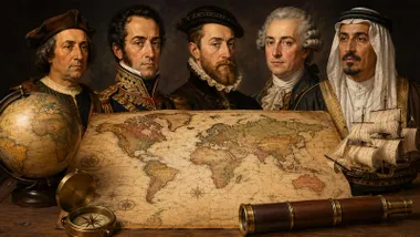 Distintos personajes de la Historia y un mapa mundi con sus nombres o derivados.