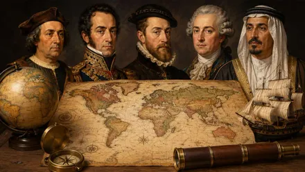 Distintos personajes de la Historia y un mapa mundi con sus nombres o derivados.