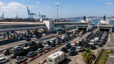 Miles de coches esperando en el puerto para pasar el Estrecho.