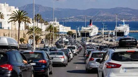 Coches dispuestos a abordar los ferris en Algeciras.
