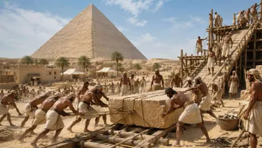 Momento de mover una piedra en la construcción de las pirámides.