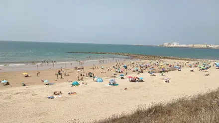 Vista panorámica de la playa de Santa María del Mar, en Cádiz, con numerosos bañistas repartidos por la arena y dentro del agua, sombrillas de colores y el mar en calma.
