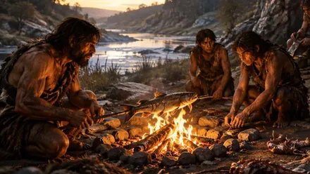 Un grupo de hombres y mujeres de la Prehistoria en torno a un fuego y cocinando pescado.