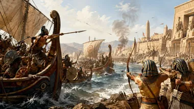 Tropas egipcias defendiéndose de los pueblos del mar.