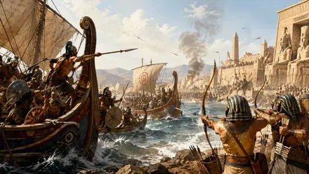 Tropas egipcias defendiéndose de los pueblos del mar.