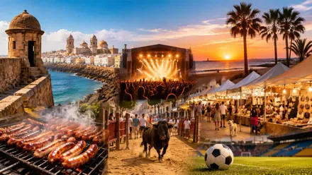 Fútbol, toros, conciertos, chistorrada, es un collage sobre actividades en la provincia de Cádiz.