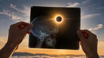 Persona viendo un eclipse solar usando una radiografía.