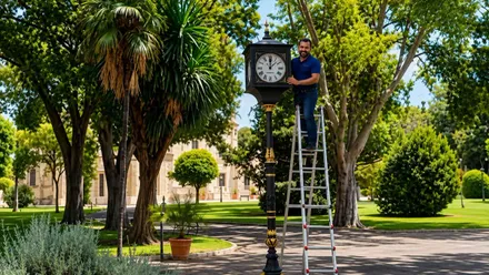 Reloj en su emplazamiento junto a una persona subida en una escalera.