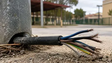 Cable pelado y robado saliendo de una farola.
