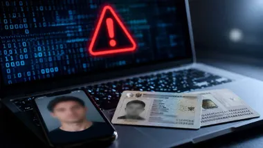 Ordenador y documento DNI robado con símbolo de atención.