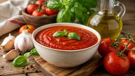 Tazón blanco con salsa de tomate, tras ella muchas verduras.