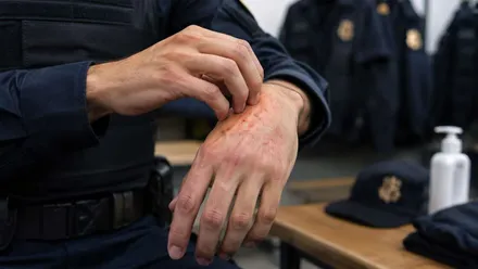 Un agente de la Policía Nacional se rasca el picor de la sarna.