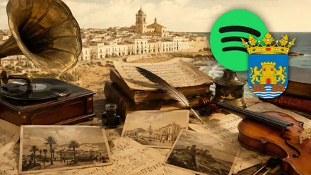 Violín, fotos antiguas y una imagen de Chiclana hace 150 años.