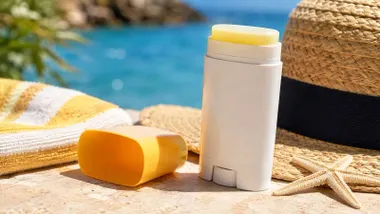 Stick de protector solar en color blanco y amarillo.