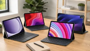 Cuatro tablets en una mesa de madera con las pantallas de colores variados.