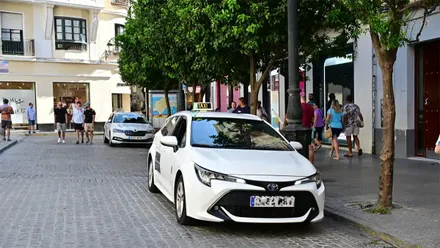 Dos taxis blancos estacionados en la parada de la plaza del Palillero de Cádiz, con peatones y comercios al fondo.
