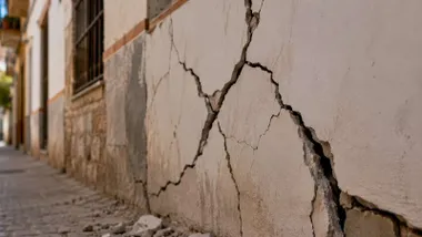 Pared agrietada por los efectos del terremoto, hay escombros en el suelo.