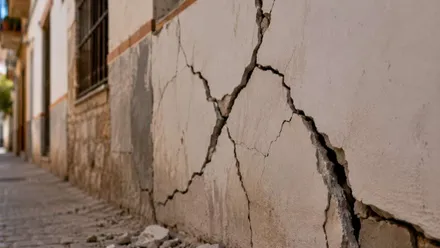 Pared agrietada por los efectos del terremoto, hay escombros en el suelo.