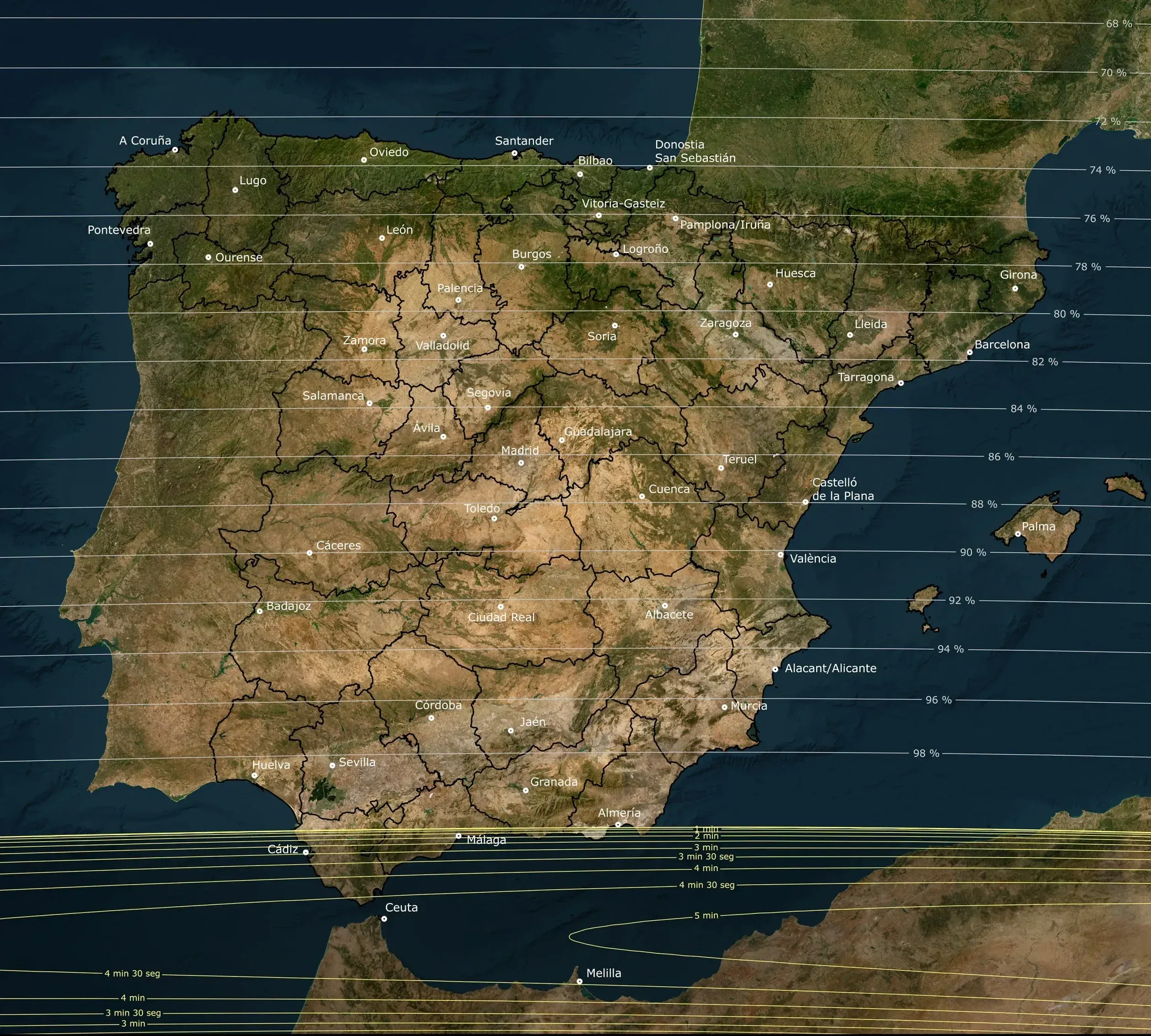 Mapa oficial del eclipse de 2027 con la franja de totalidad atravesando la provincia de Cádiz y el sur de España.