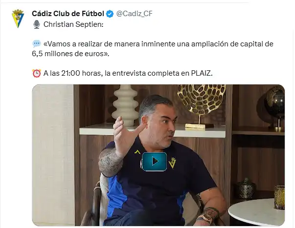 Christian Septien anuncia una ampliación de capital de 6,5 millones en el Cádiz CF... con un vídeo en las redes del club
