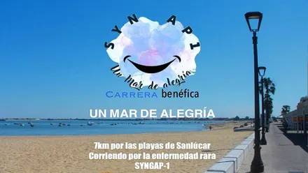 Cartel de Sanlúcar y la Carrera Solidaria "Un Mar de Alegría", se ve el paseo con las farolas y la playa.
