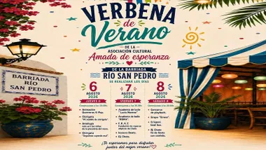 Cartel en tono salmón pastel con los artistas que cantarán en la Verbena de Verano de Río San Pedro.