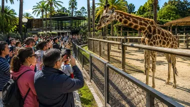 Jirafa del zoo de Jerez y personas haciendo fotografías.